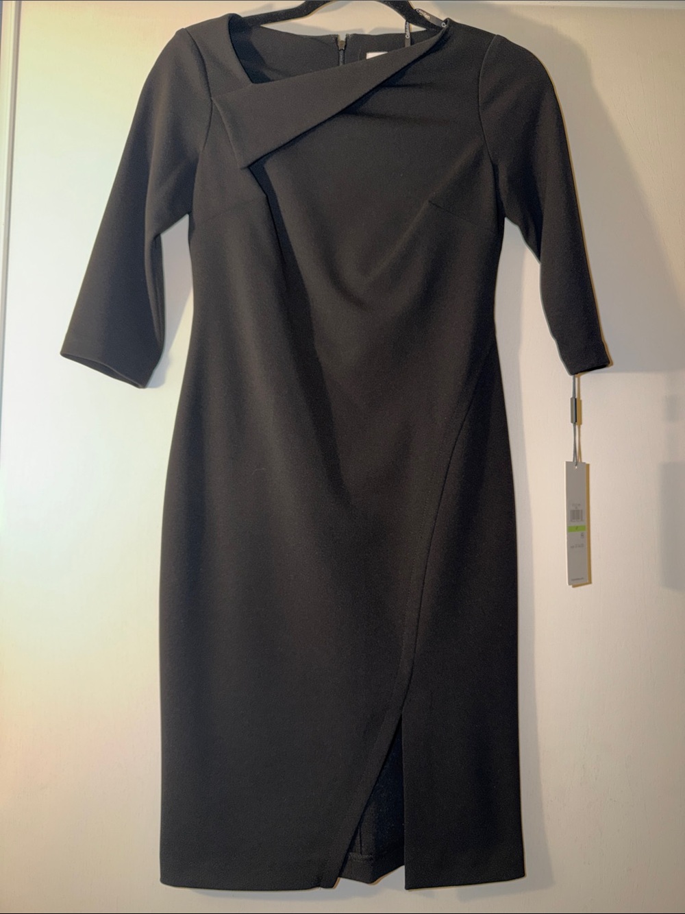 Calvin Klein Black Quarter-Sleeve Sheath Dress with Asymmetric Detail
